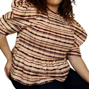 Eloquii Elements Plaid Short Puff Sleeves Peplum Smocked Cream Black Blouse 18